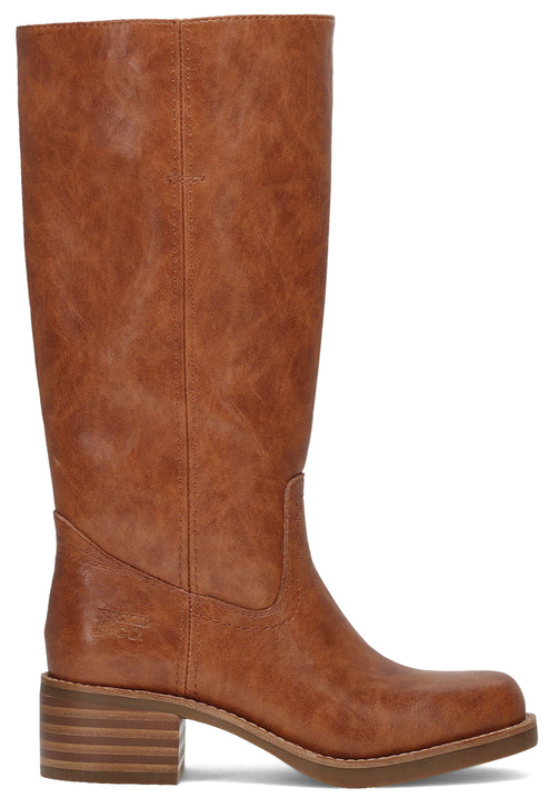 A tan brown knee-high leather boot with a stacked block heel and a slightly textured, worn-in finish.