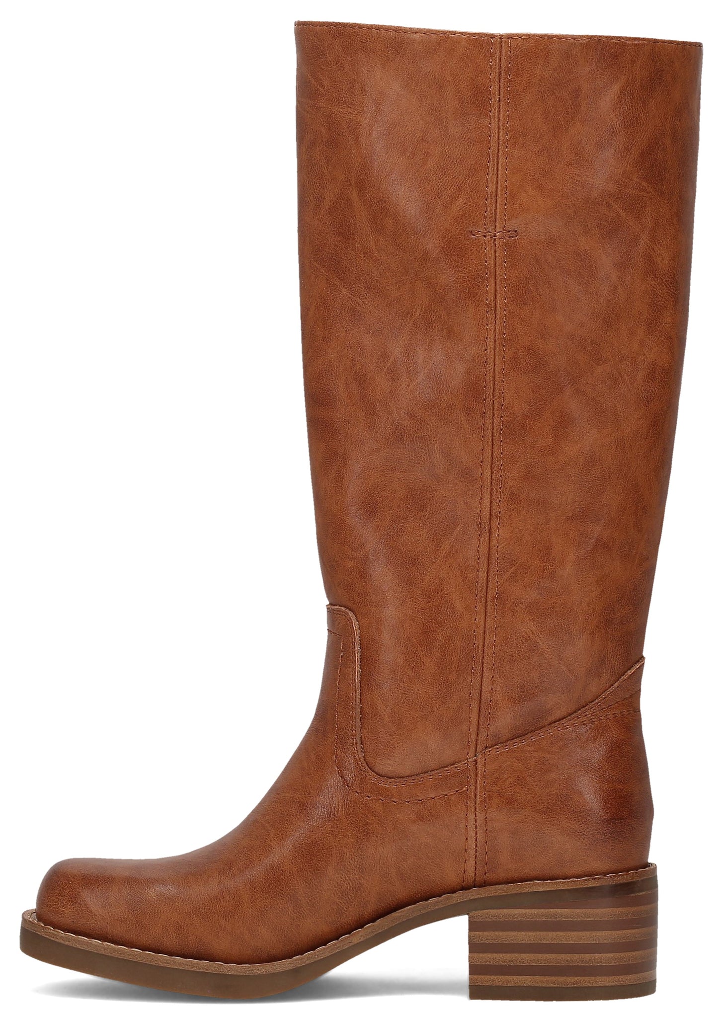 A tan, knee-high western-style boot made of smooth, slightly marbled material, featuring a low stacked block heel and a square toe.