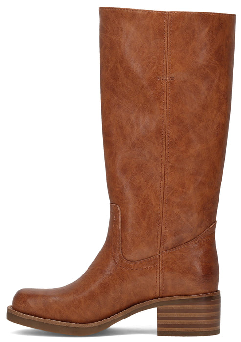 A tan, knee-high western-style boot made of smooth, slightly marbled material, featuring a low stacked block heel and a square toe.