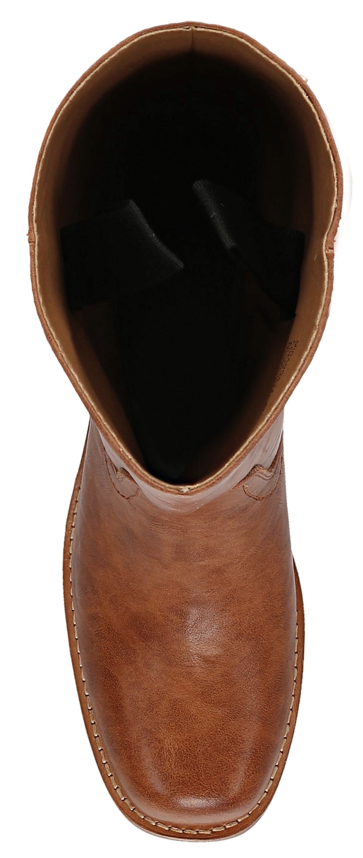 A top-down view of a light brown leather western-style pull-on boot with a squared toe and visible stitching detail.
