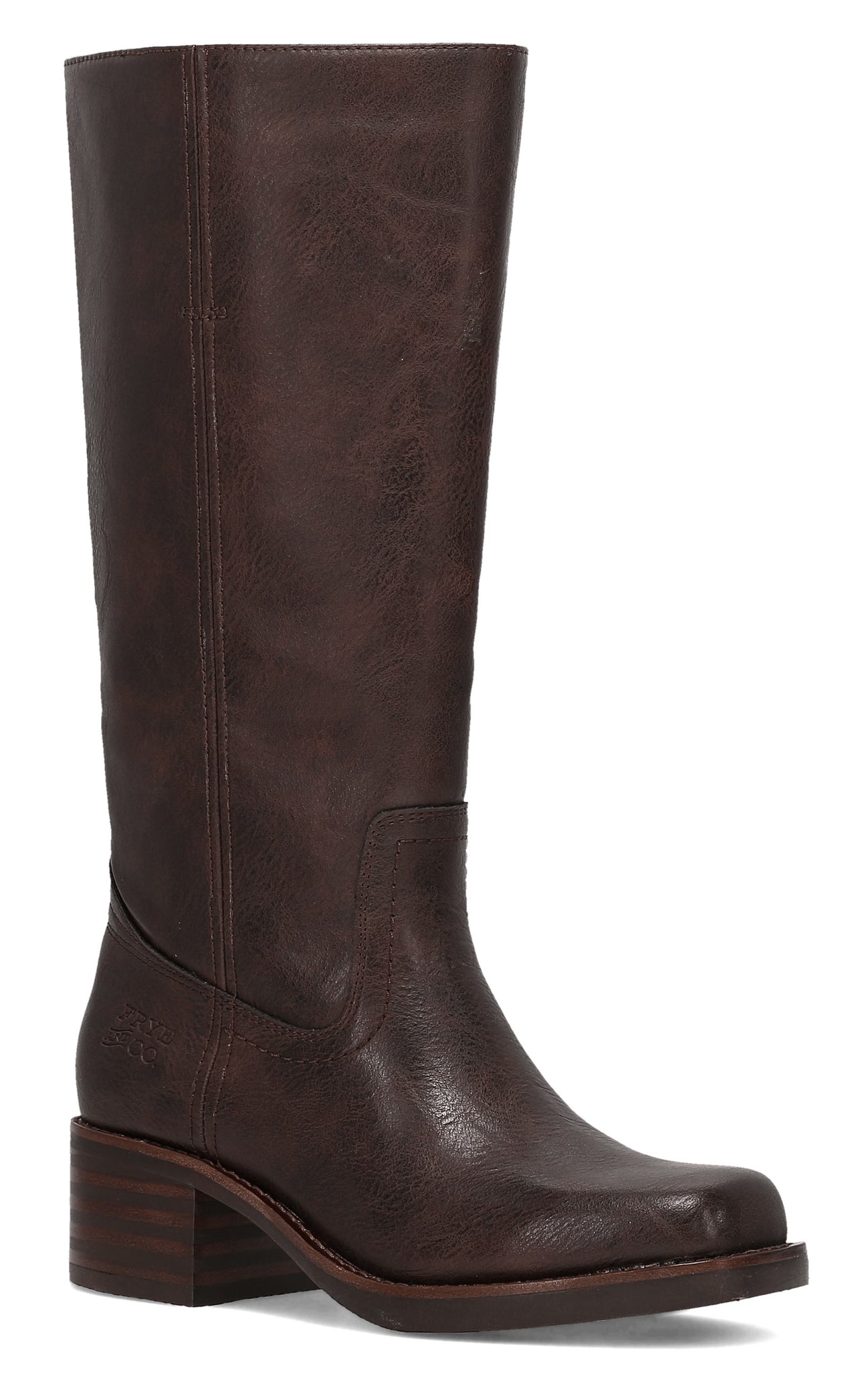 Brown leather knee high boot with a short block heel.