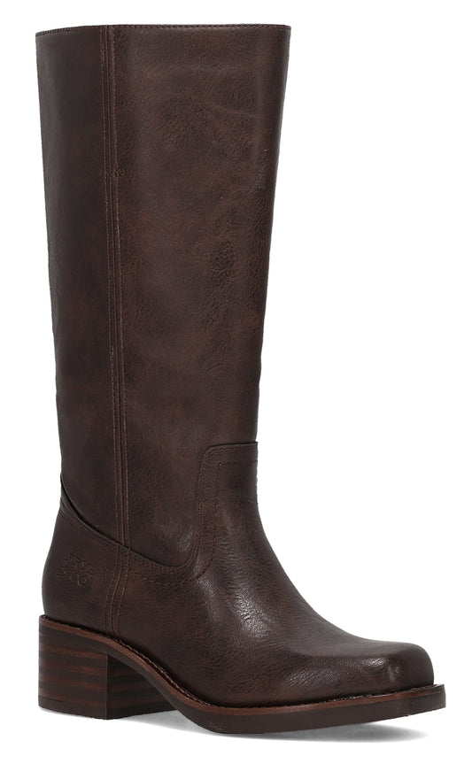 Brown leather knee high boot with a short block heel.
