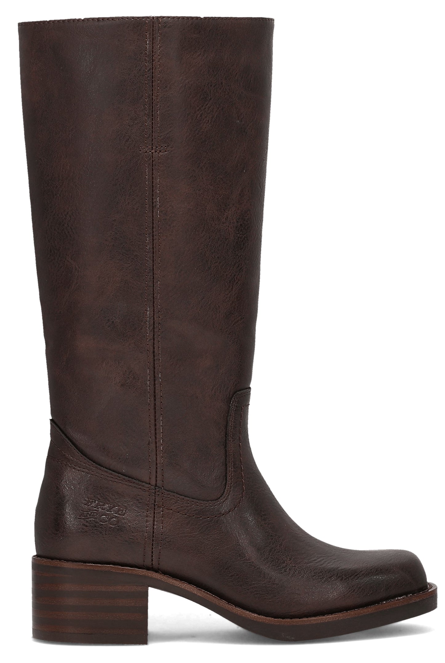Knee-high brown leather boot with a block heel.