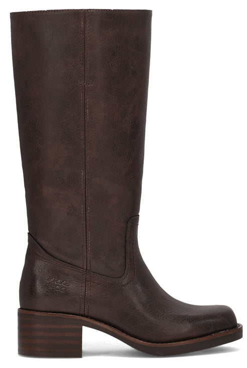 Knee-high brown leather boot with a block heel.