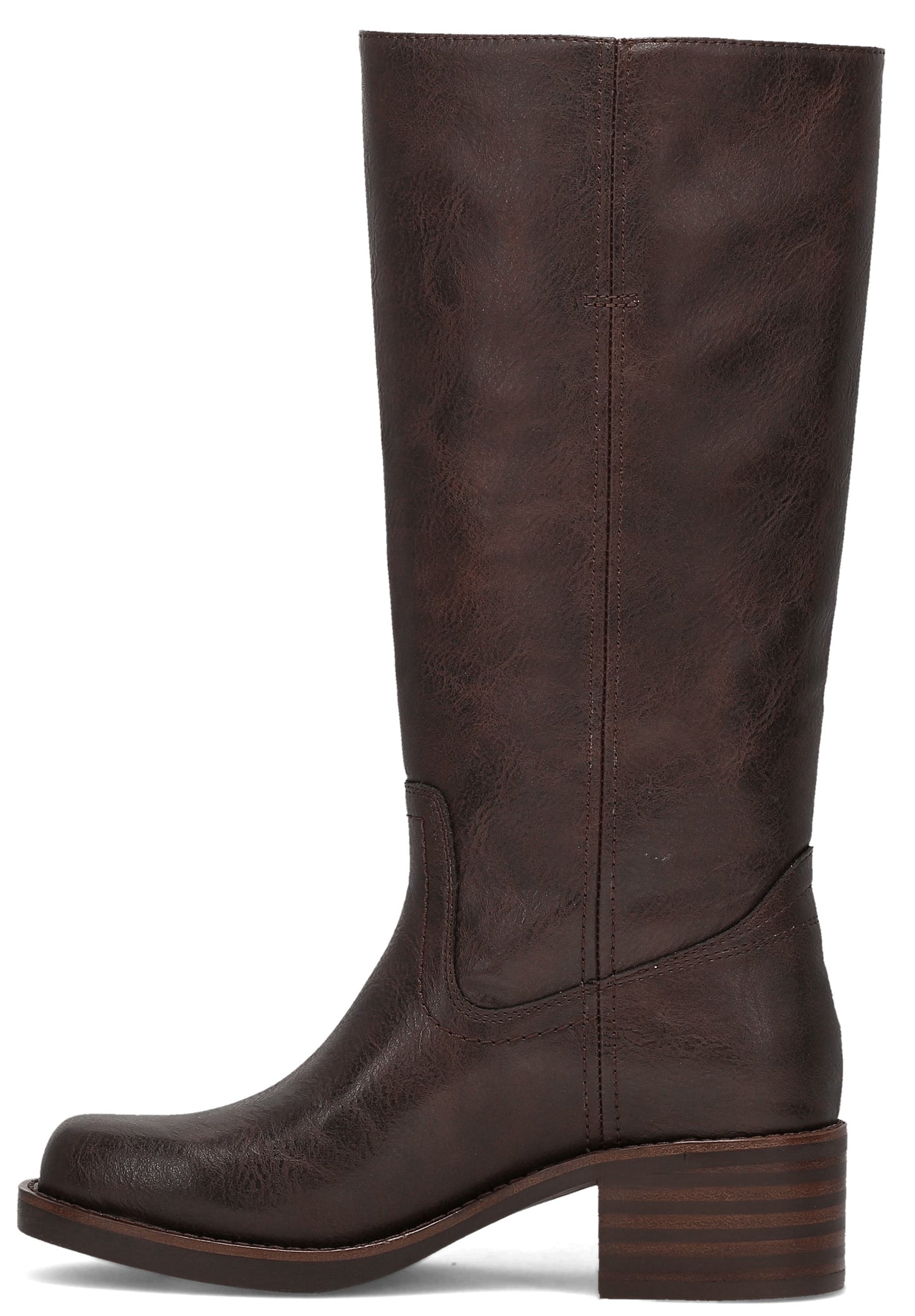Knee-high brown leather boot with a squared toe and low block heel.