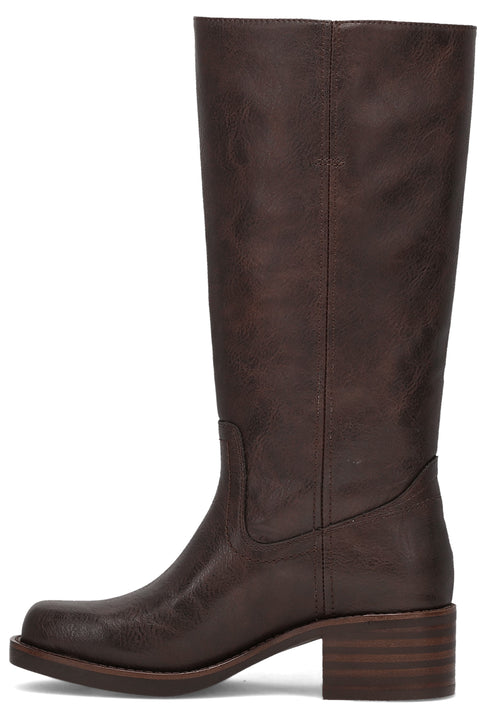 Knee-high brown leather boot with a squared toe and low block heel.