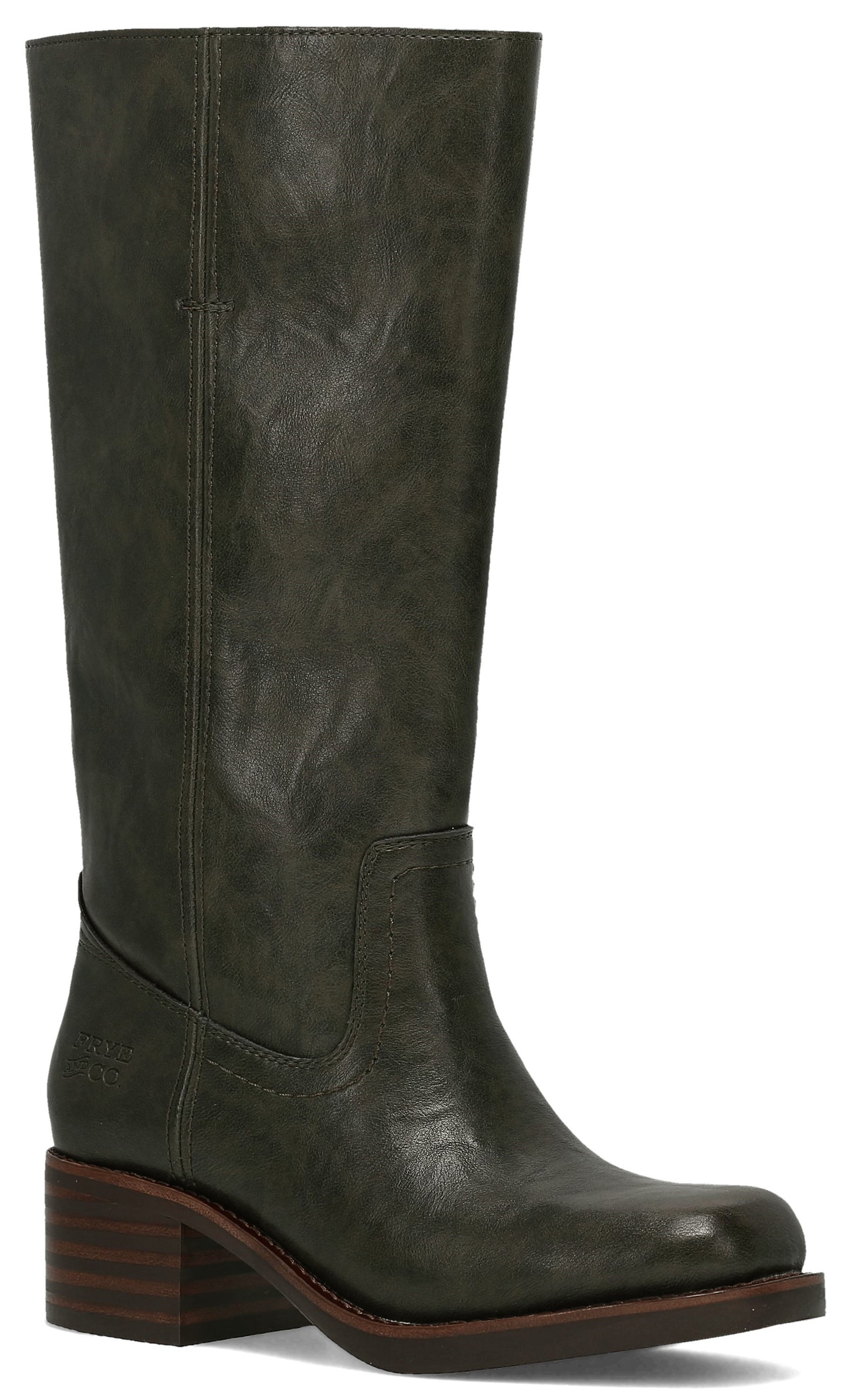 A dark olive green leather knee-high boot with a squared toe and a stacked block heel.