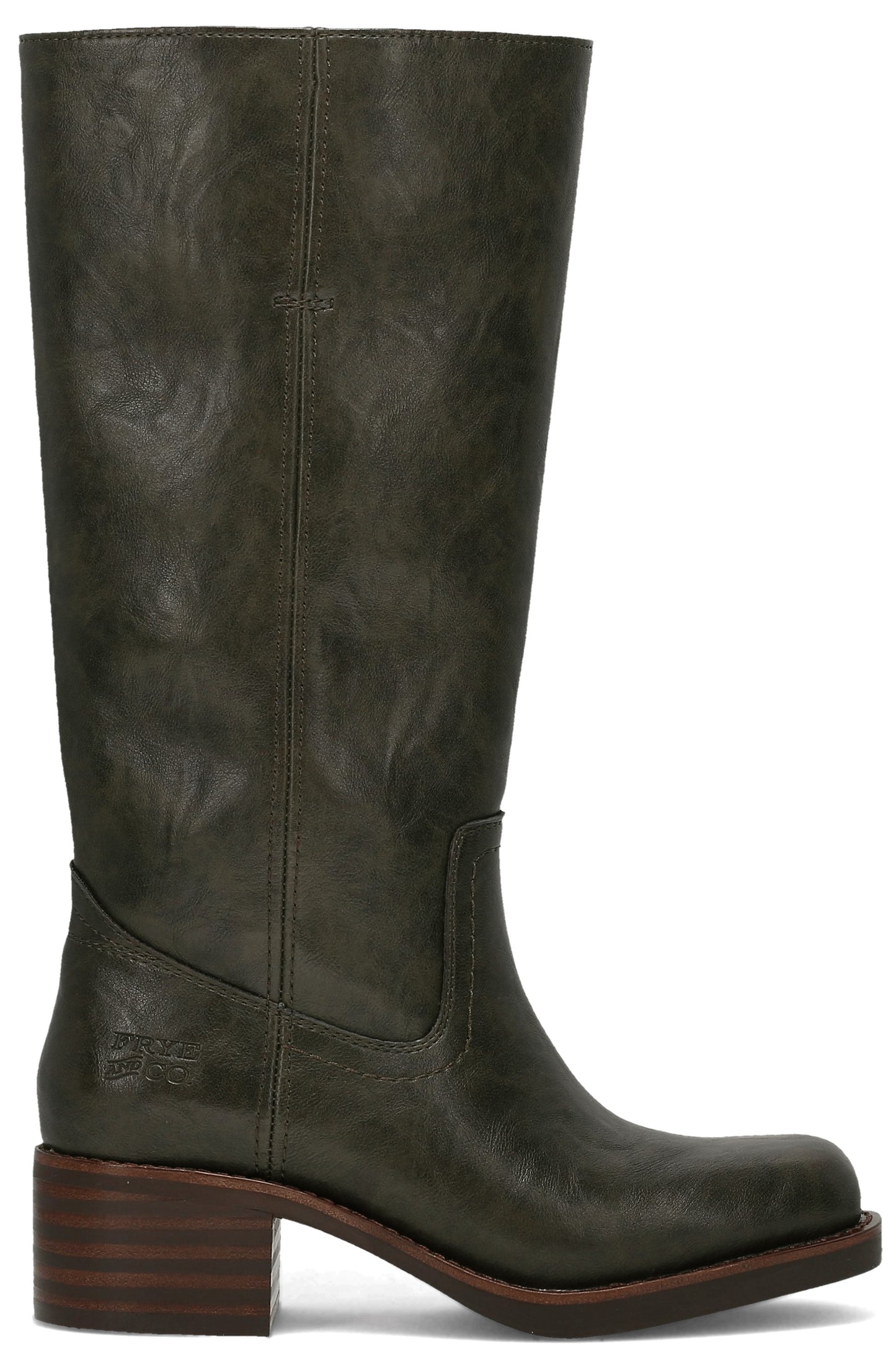 A knee-high, olive green leather boot with a subtle marbled texture, featuring a square toe, a stacked block heel in brown wood tone, and a thick sole, shown from the side against a white background.
