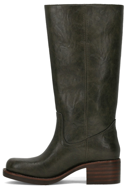A dark olive green leather knee-high boot with a square toe, a stacked wooden block heel, and minimal stitching detail, shown in profile.