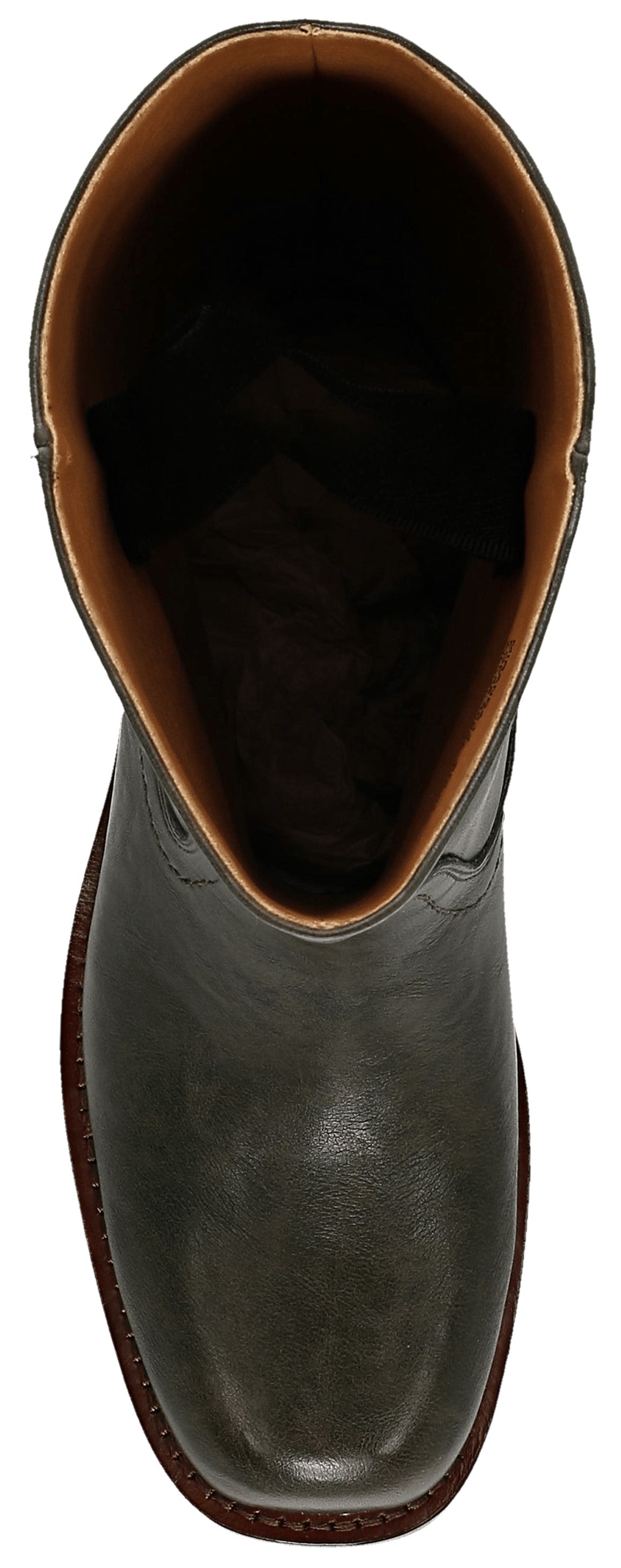 A top-down view of a dark olive-green leather boot with a square toe, featuring a smooth finish and a contrasting tan inner lining against a brown sole.