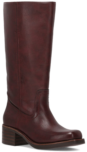 A dark reddish-brown leather knee-high boot with a square toe and a low block heel.