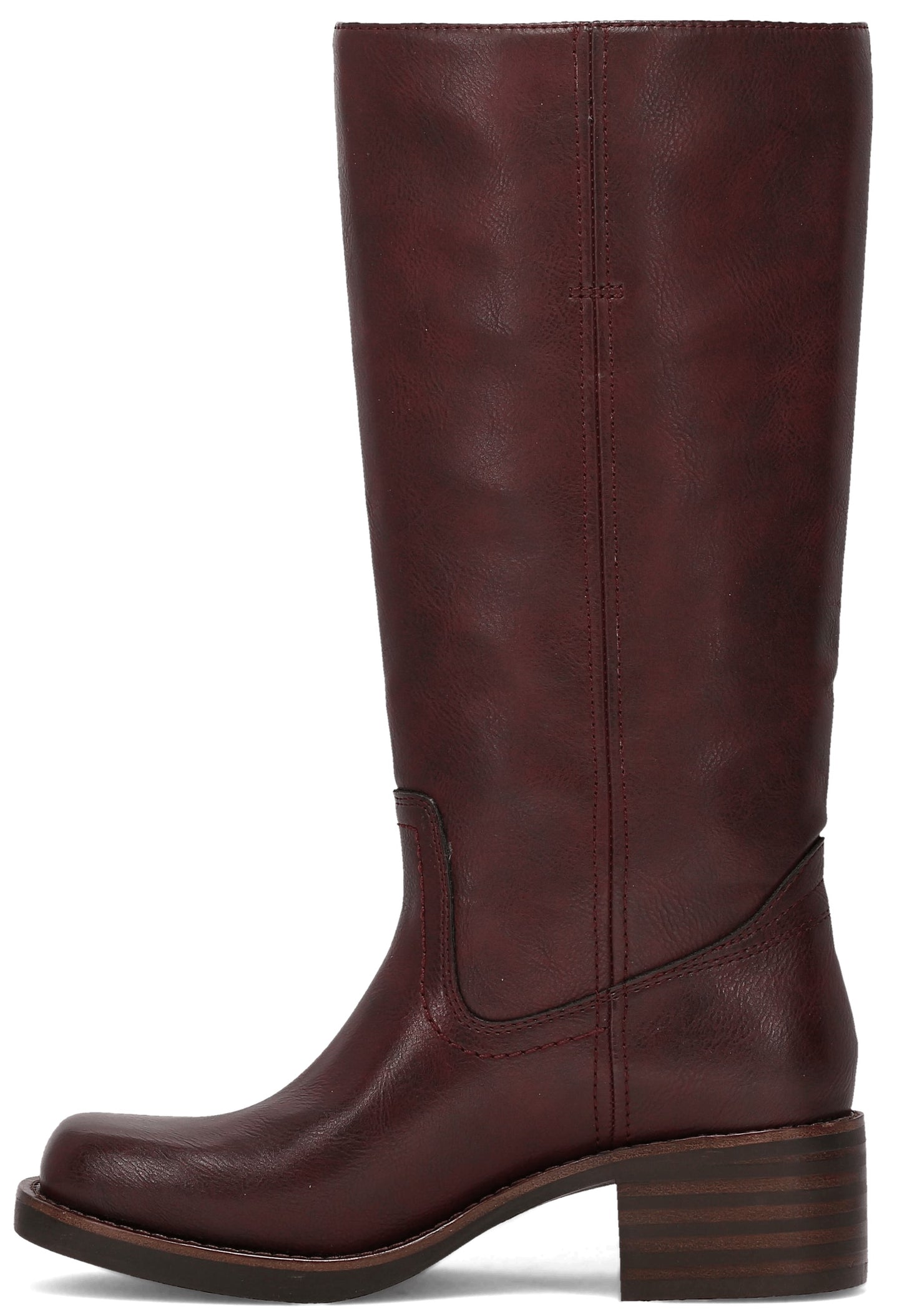 A dark reddish-brown leather mid-calf boot featuring a square toe, a stacked block heel, and minimal vertical seam detailing.