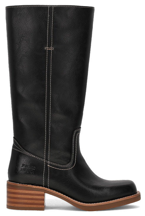 A black knee-high boot with light stitching and a stacked heel.