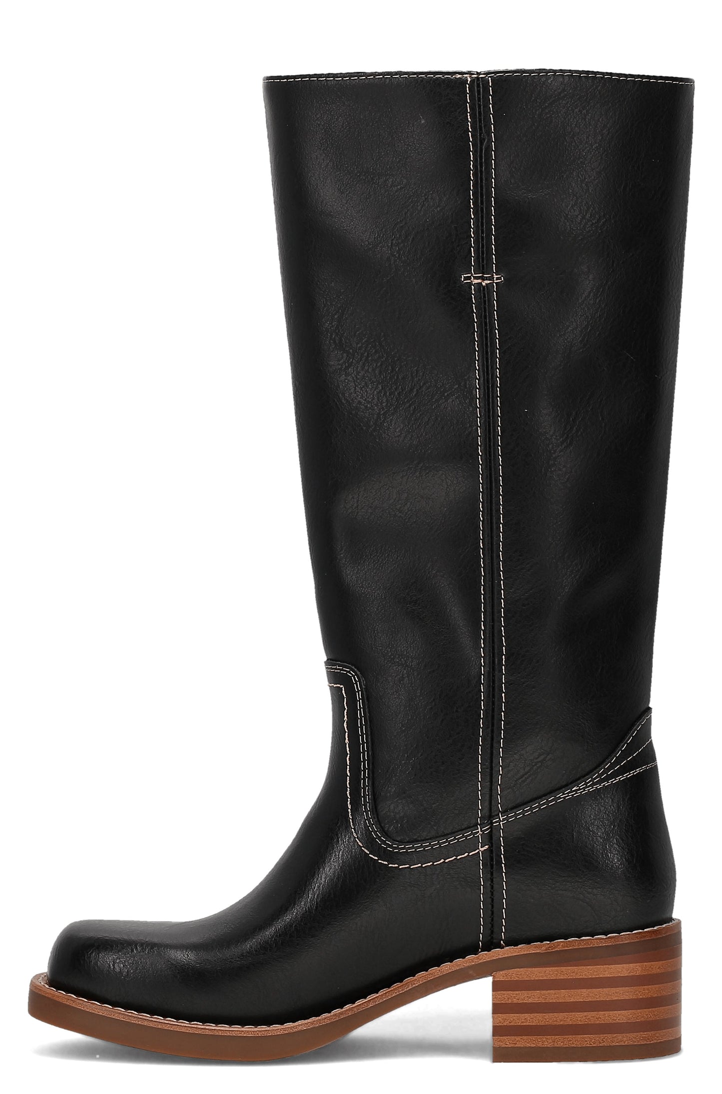 Black knee-high boot with a block heel and cream stitching.