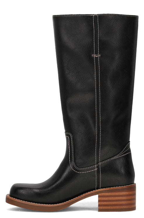 Black knee-high boot with a block heel and cream stitching.