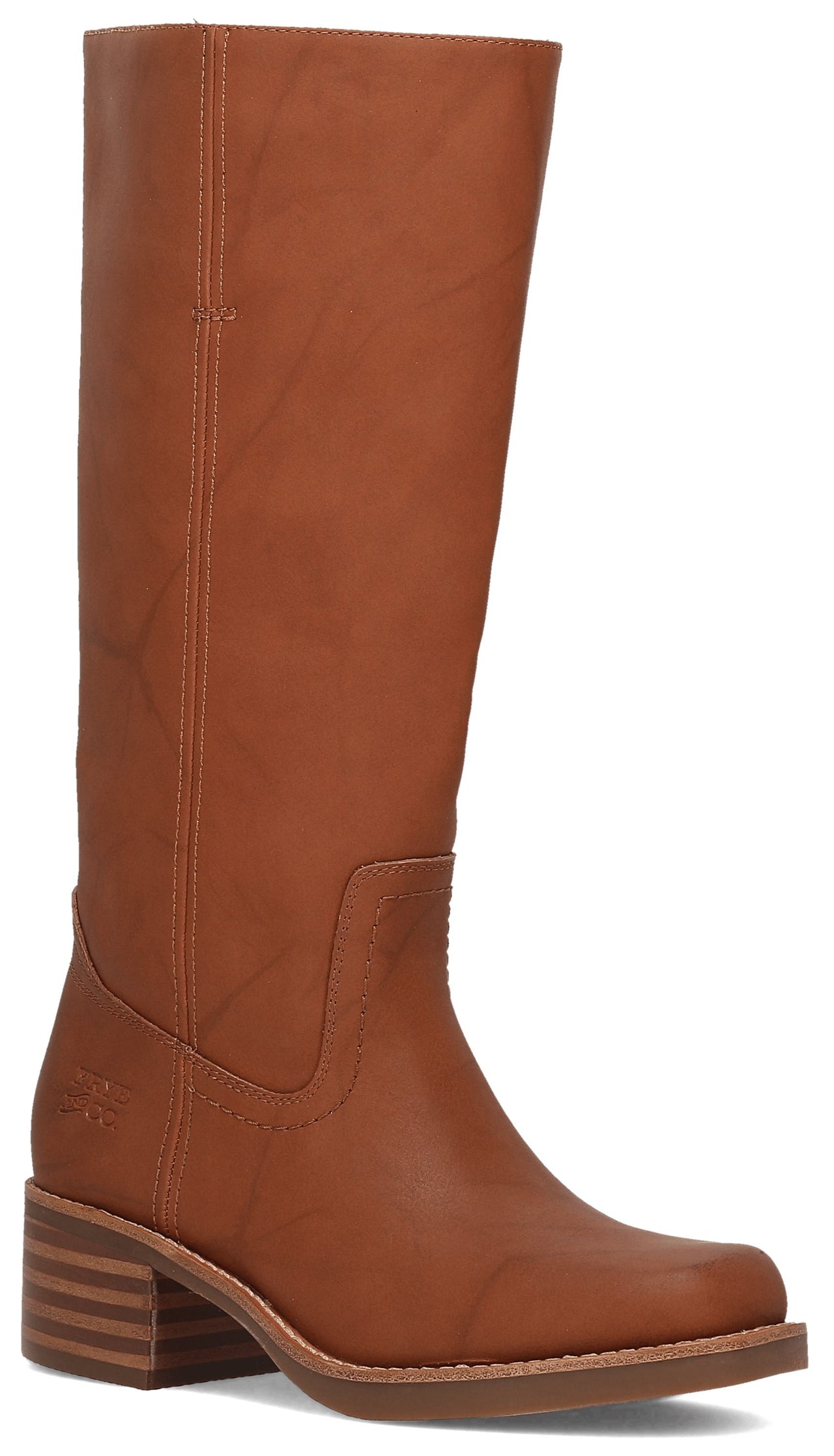 A tan knee-high leather boot with a square toe and a stacked block heel.