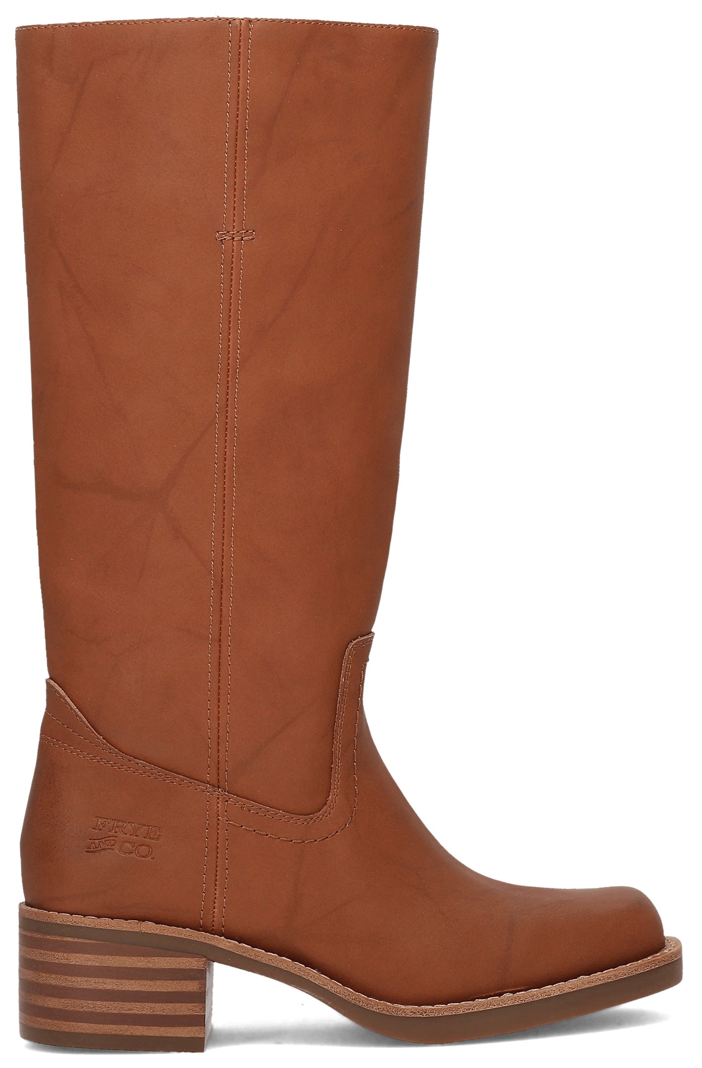 A tan brown, knee-high leather boot with a stacked block heel and stitched detailing along the shaft and heel counter.