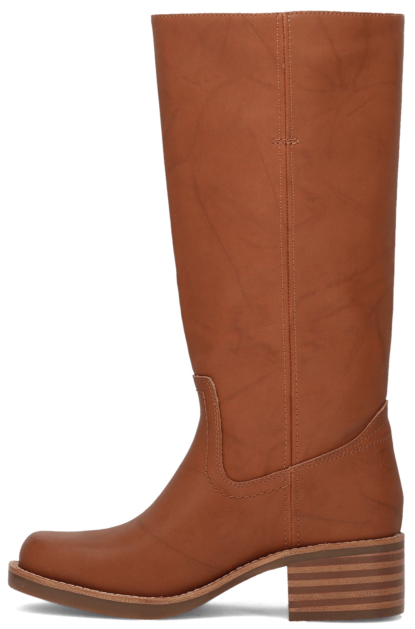A tan knee-high leather boot with a square toe, a stacked block heel with horizontal stripes, and visible stitching details.