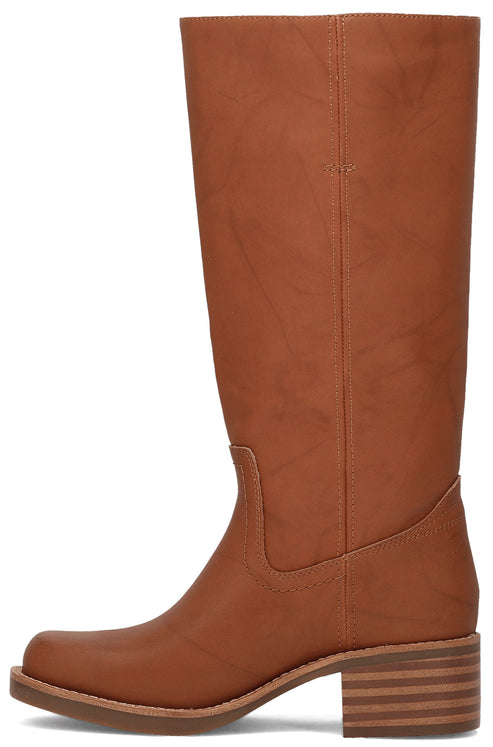 A tan knee-high leather boot with a square toe, a stacked block heel with horizontal stripes, and visible stitching details.