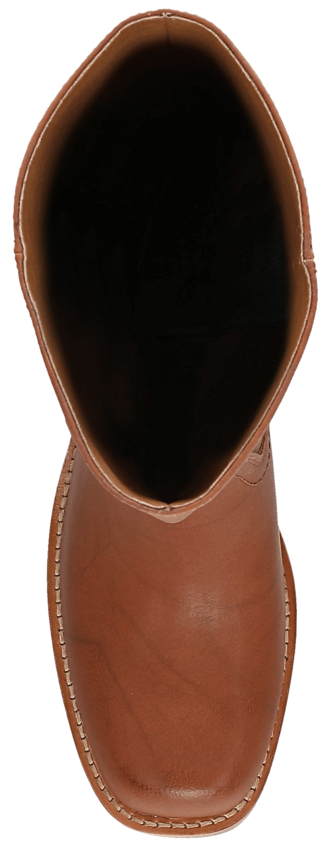 A top-down view of a medium brown leather western cowboy boot with a square toe and prominent light-colored welt stitching.