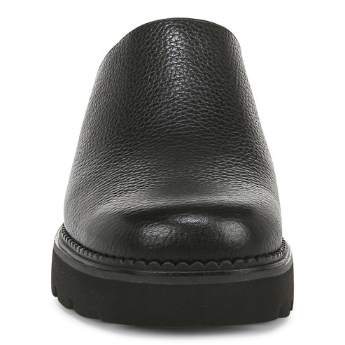 Black leather slip-on shoe with a platform sole.