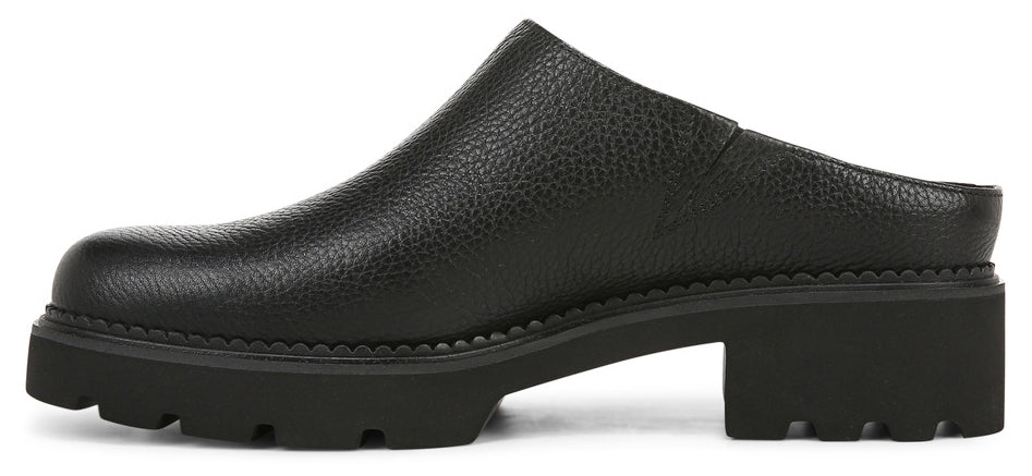 Black leather clog with a lug sole and block heel.