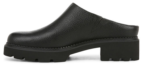 Black leather clog with a lug sole and block heel.