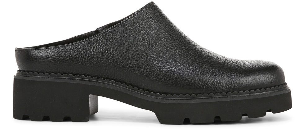 A black, leather mule shoe with a lug sole and block heel.