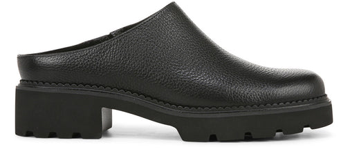A black, leather mule shoe with a lug sole and block heel.