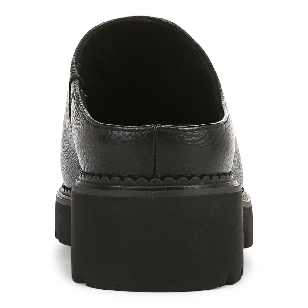Black leather mule shoe with a thick platform sole.