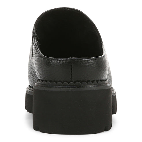 Black leather mule shoe with a thick platform sole.