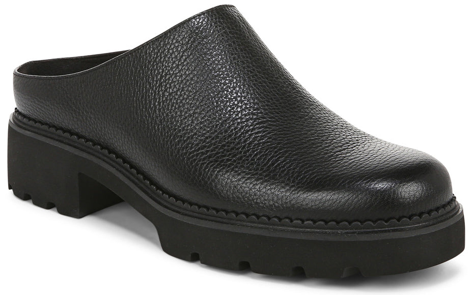 Black leather mule shoe with lug sole and block heel.