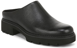 Black leather mule shoe with lug sole and block heel.