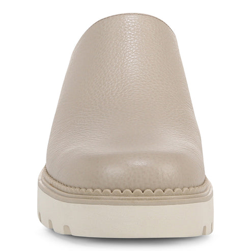 Beige leather clog with thick, white sole.