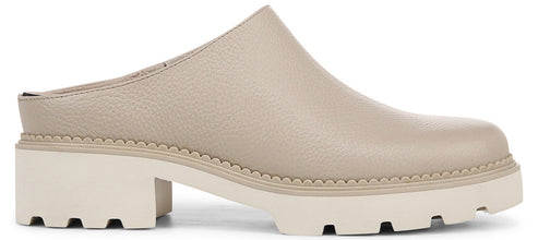 Beige mule with block heel and lug sole.
