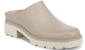 A beige leather clog with a white chunky lug sole and block heel.