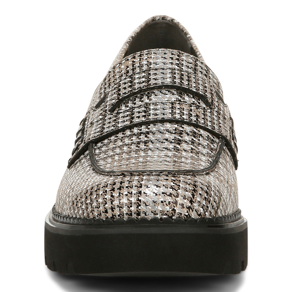 Front view of a checkered loafer on a platform sole.