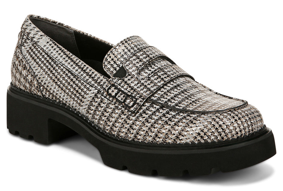 Houndstooth pattern loafer with a black lug sole and stacked heel.