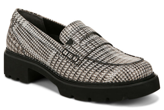 Houndstooth pattern loafer with a black lug sole and stacked heel.