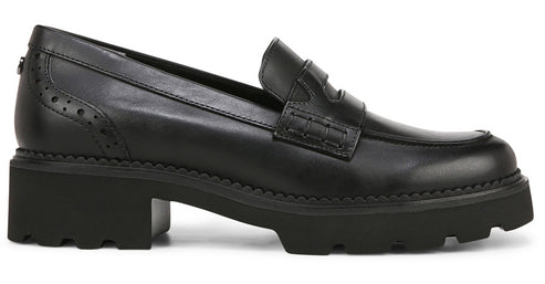 Black leather penny loafer with a chunky lug sole and block heel.