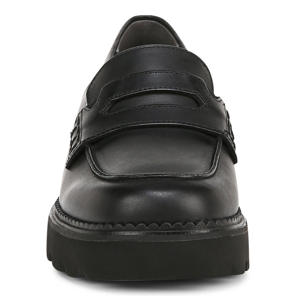 Black, leather loafer with penny bar and platform sole