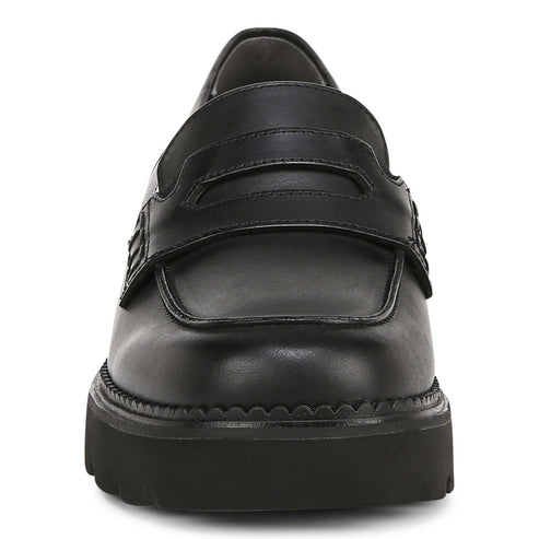 Black, leather loafer with penny bar and platform sole