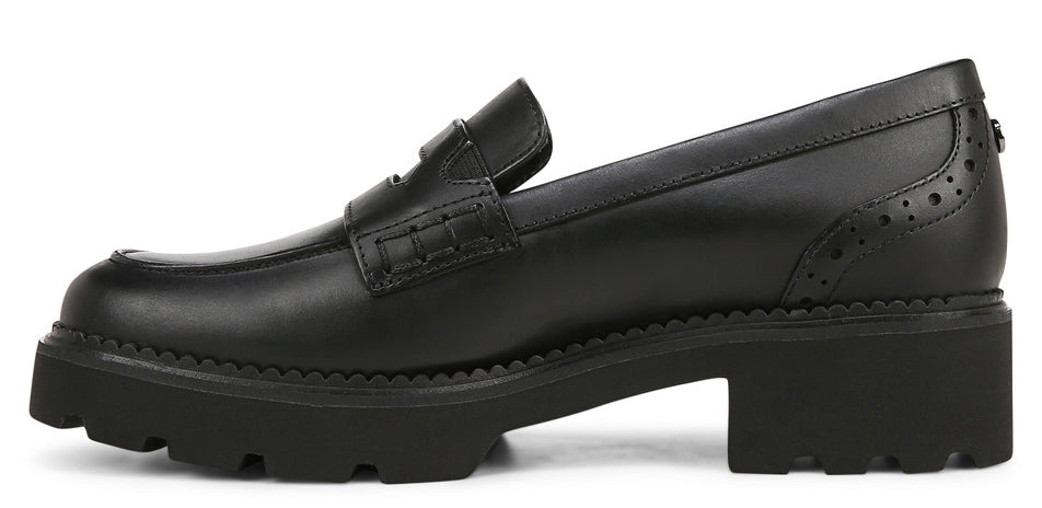 Black leather loafer with a thick lug sole and block heel.