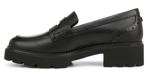 Black leather loafer with a thick lug sole and block heel.