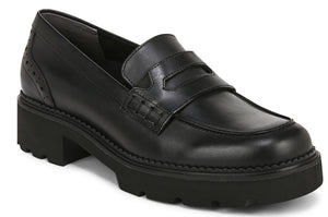Black leather penny loafer with lug sole platform and stacked heel.