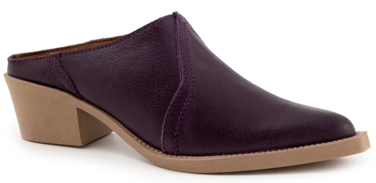 A purple mule shoe with a tan block heel and a squared toe.