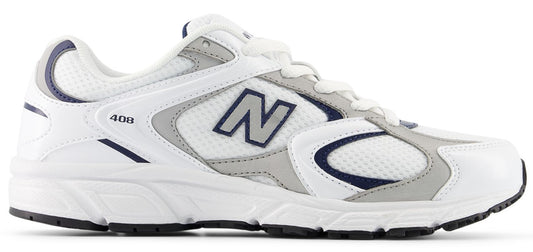 A white sneaker with the letter N on the side.