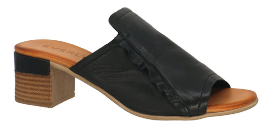 Black leather mule sandal with a block heel.