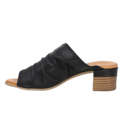 Black leather open-toe mule with a block heel.