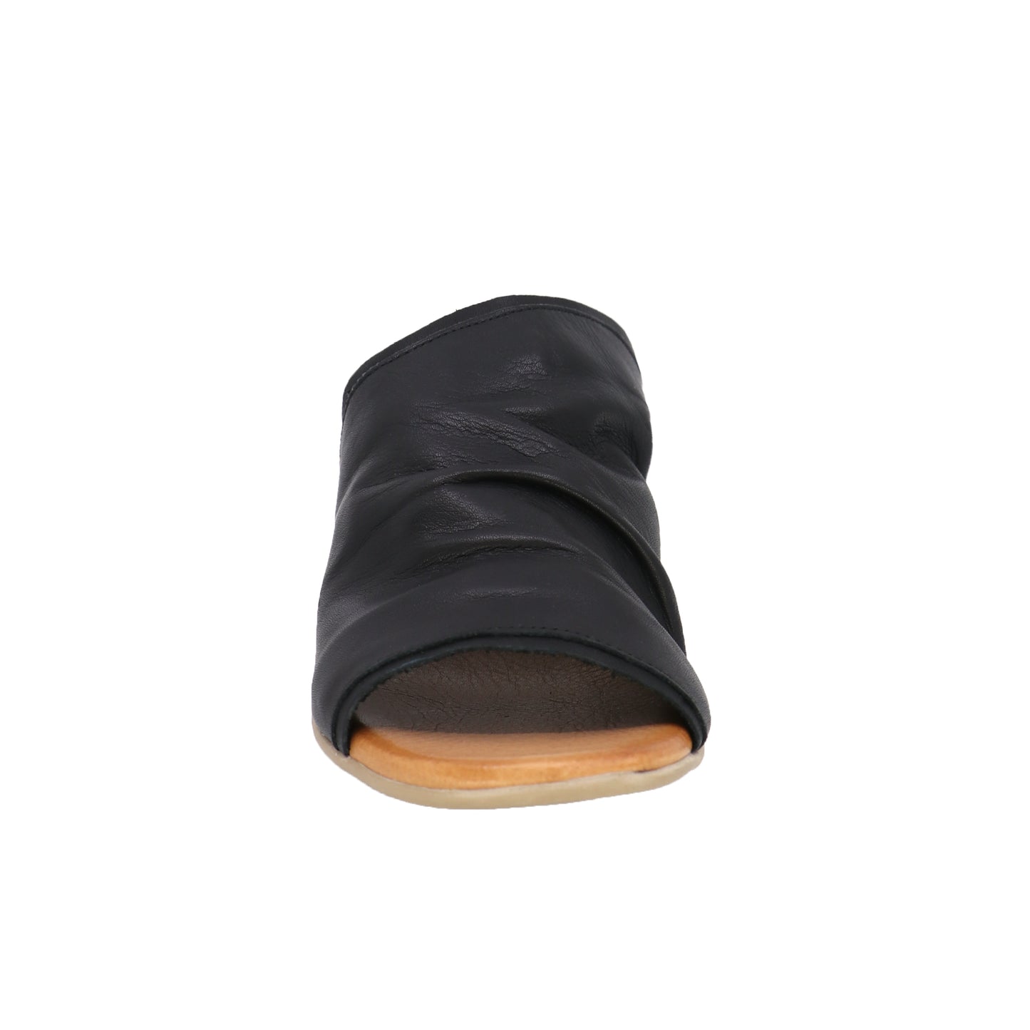 Front view of black leather peep-toe mule.